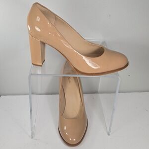 Clarks Kaylin Cara 2 Praline Patent Leather Block Heel Pumps Nude Beige 8.5 M